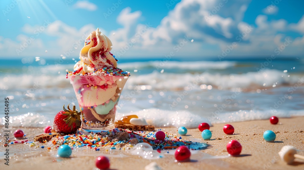 Fototapeta premium Delicious ice cream sundae topped with sprinkles and various toppings, set on a sunny day.