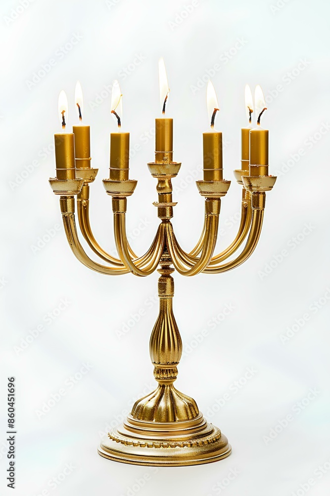 Fototapeta premium A lit Hanukkah menorah with golden candles and a decorative base, isolated on a white background.