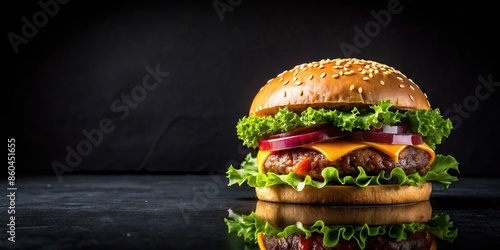 Beautiful hamburger on black background , delicious, fast food, burger, tasty, meal, meat, cheese, lettuce, tomato