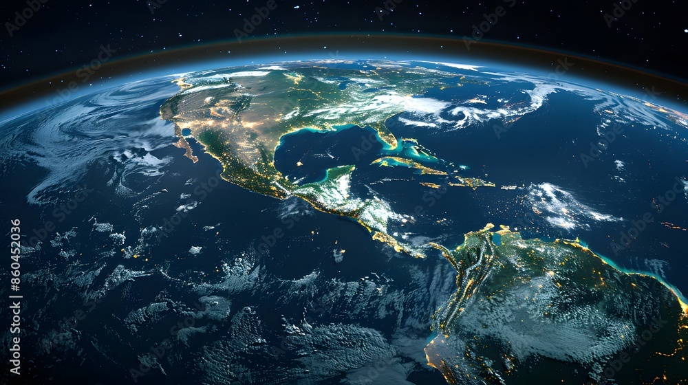 A satellite view of the Earth, focusing on the Americas. The continents of North and South America are prominently visible, with the brightest spots indicating urban areas or populated regions. A satellite view of the Earth, focusing on the Americas. The continents of North and South America are prominently visible, with the brightest spots indicating urban areas or populated regions.