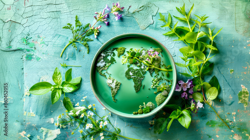 Green Herbal Arrangement with World Map on Plate