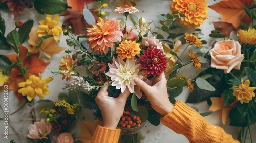 Wallpaper Mural Arranging Flowers: Hands arranging a bouquet of fresh flowers in a vase, with various flowers and leaves scattered around.
 Torontodigital.ca