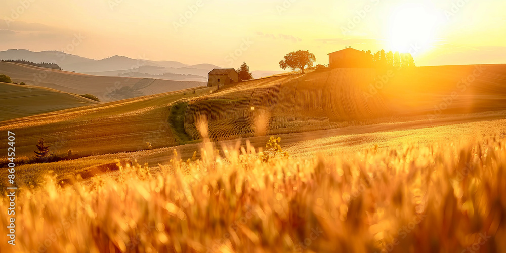 Fototapeta premium breathtaking view of a golden wheat field glowing in the warm light of sunrise with hills in the background.