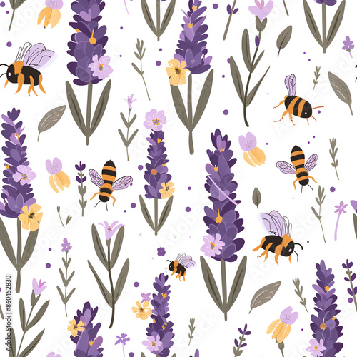 Cute Seamless Pattern with Lavender and Bumblebee