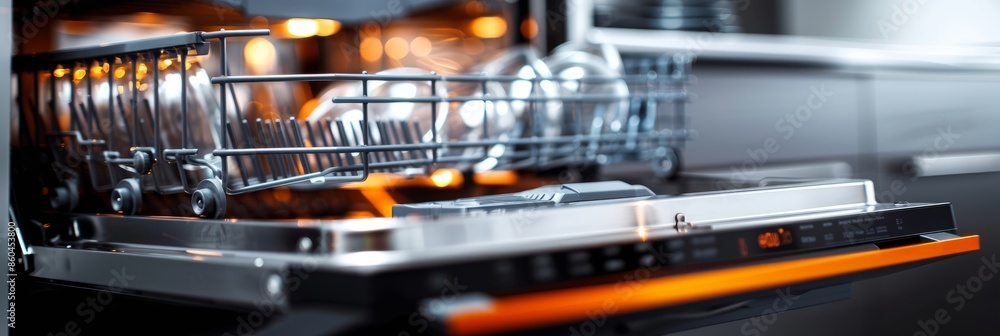Obraz premium Close-up photo of dishwasher door ajar with clean dishes inside. Gleaming glass reflects light, showing off cleaning cycle effectiveness
