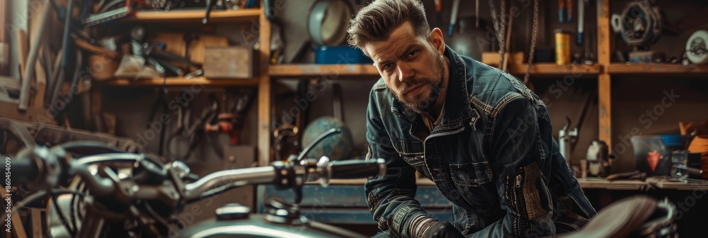 A close-up photograph of a male handyman in his garage workshop, sitting next to a vintage motorcycle. He appears to be working on the bike, with a focused and determined look on his face