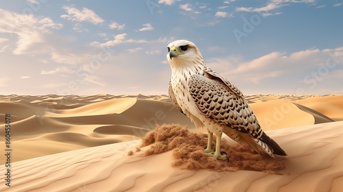 The concept of predation, visual acuity, diversity of livestock in the United Arab Emirates, birds of prey and wildlife, a white vulture bird standing on the soft sand in the desert photo