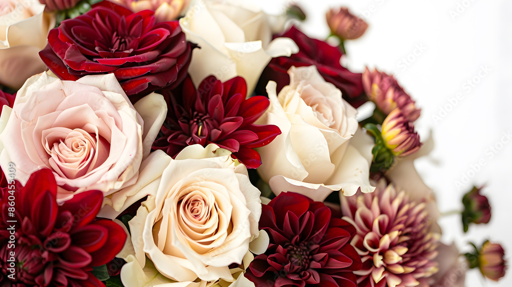Fototapeta premium Autumn bouquet of red and white roses hydrangeas chrysanthemums isolated on a white background : Generative AI