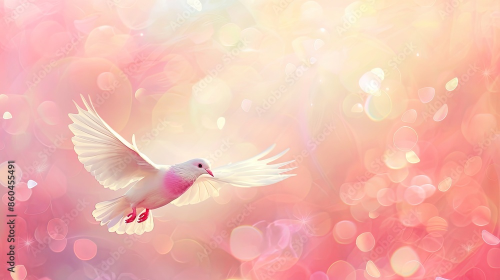 Obraz premium Soft pastel-colored background with a dove flying, representing peace and the Holy Spirit, perfect for church bulletins and spiritual messages.