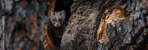 A stone marten peeks curiously from a hollow tree trunk in a woodland setting. The martens fur is dark and glossy, and its eyes gleam in the dim light