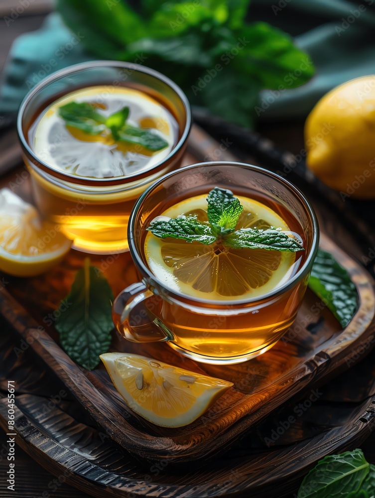 Green tea with honey and lemon served with fresh mint leaves, refreshing garnish Green tea with honey and lemon served with fresh mint leaves, refreshing garnish