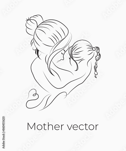 Handdrawn line art style mom and baby illustration art.