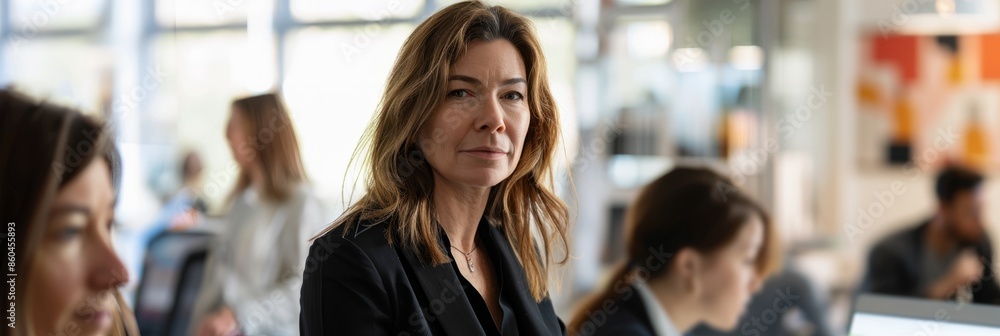 A businesswoman stands in a modern office setting, surrounded by colleagues, demonstrating her leadership and engagement in a team meeting A businesswoman stands in a modern office setting, surrounded by colleagues, demonstrating her leadership and engagement in a team meeting
