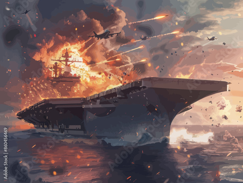Epic Naval Battle: A Modern Warship Engaged in a High-Stakes Confrontation with a Fleet of Enemy Aircraft and Warships Amidst a Spectacular Display of Fire and Explosions