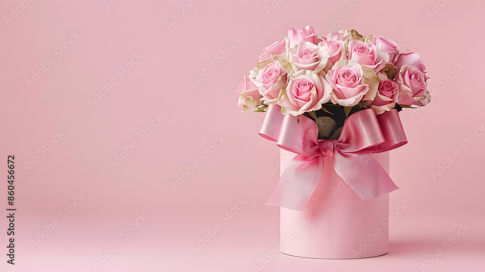 Beautiful bouquet flowers pink roses in vase and gift box with satin bow on pastel pink background table Birthday Wedding Mothers Day Valentines day Womens Day Front view : Generative AI Beautiful bouquet flowers pink roses in vase and gift box with satin bow on pastel pink background table Birthday Wedding Mothers Day Valentines day Womens Day Front view : Generative AI