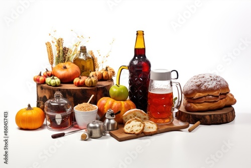 Groceries including vegetables, beer, bakery isolated on white background photo