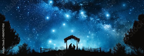 Traditional nativity scene under a starry night sky, perfect for Christmas cards and holiday promotions.
