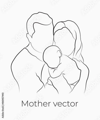 Handdrawn line art style mom and baby illustration art.