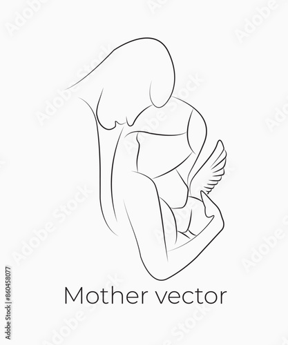 Handdrawn line art style mom and baby illustration art.