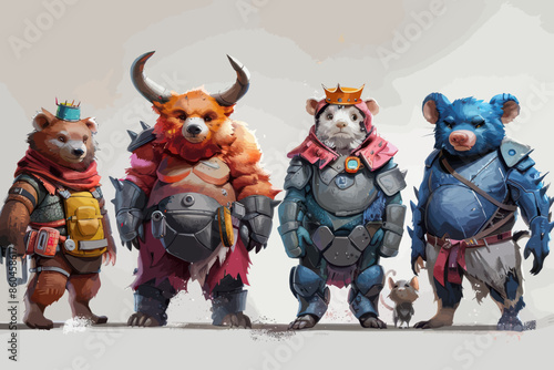 Fantasy Kingdom: A Group of Anthropomorphic Animal Warriors in Armor, Each with Distinctive Features and Accessories, Standing in a Line on a Plain Background