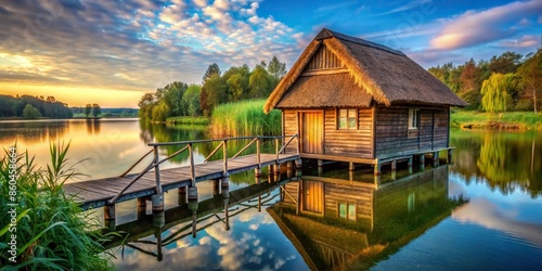 A cozy fish house with wooden walls, a thatched roof, and a small dock overlooking a serene lake , cozy, fish house, wooden walls photo