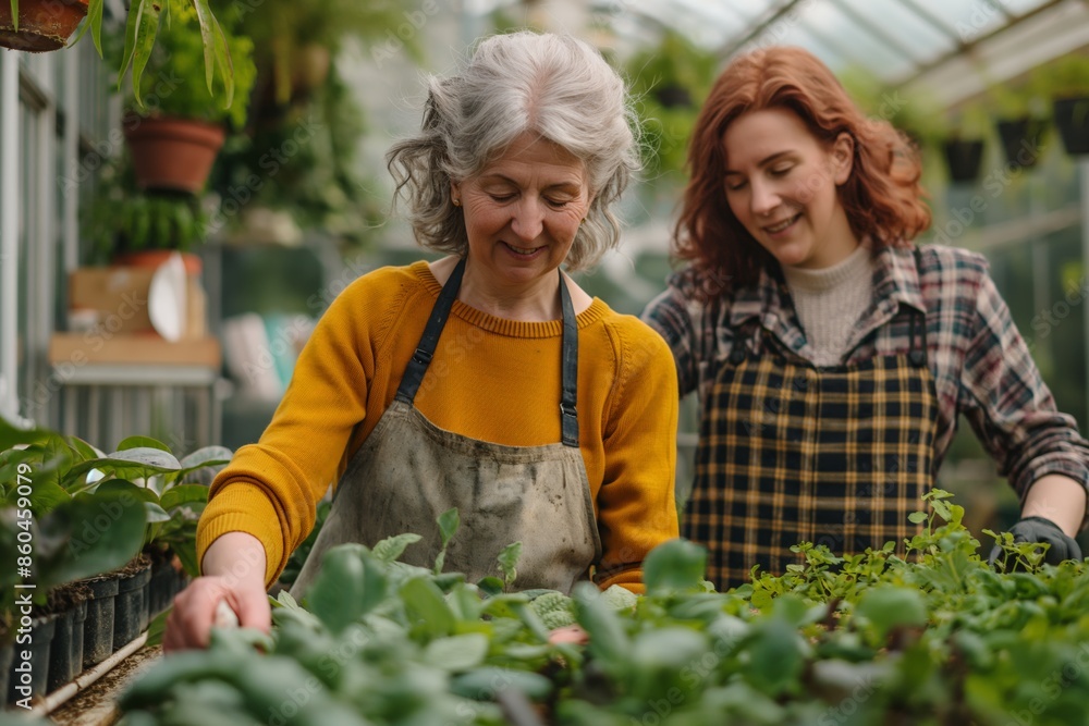 An elderly woman and a younger woman deeply focused on planting in a ...