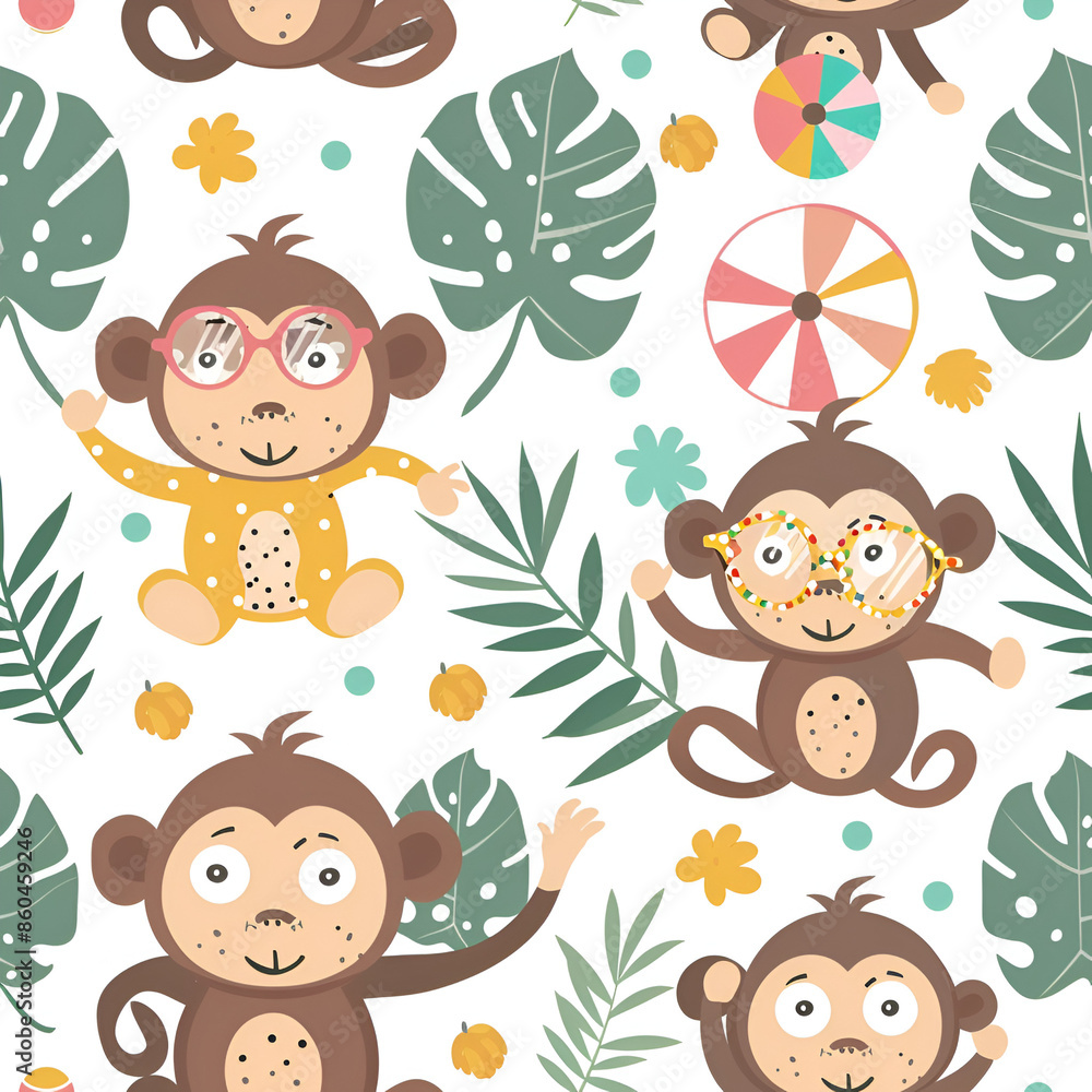 Fototapeta premium Cute Seamless Pattern with Monkey and Sunglasses