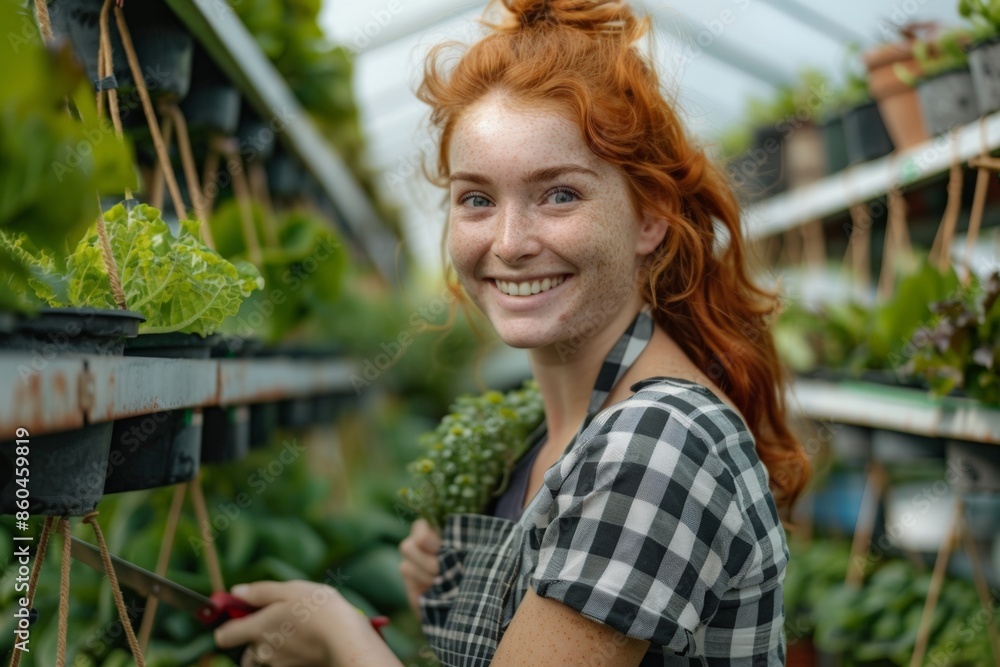 A smiling red-haired woman in a plaid shirt tends to her plants in a vibrant greenhouse, enjoying her time amidst the greenery. A smiling red-haired woman in a plaid shirt tends to her plants in a vibrant greenhouse, enjoying her time amidst the greenery.