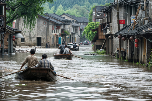 people escaping from Flood on boats: Flash flooding: big creeks, gullies, dry streambeds, ravines, culverts or even low-lying areas flood quickly, destroyed buildings photo