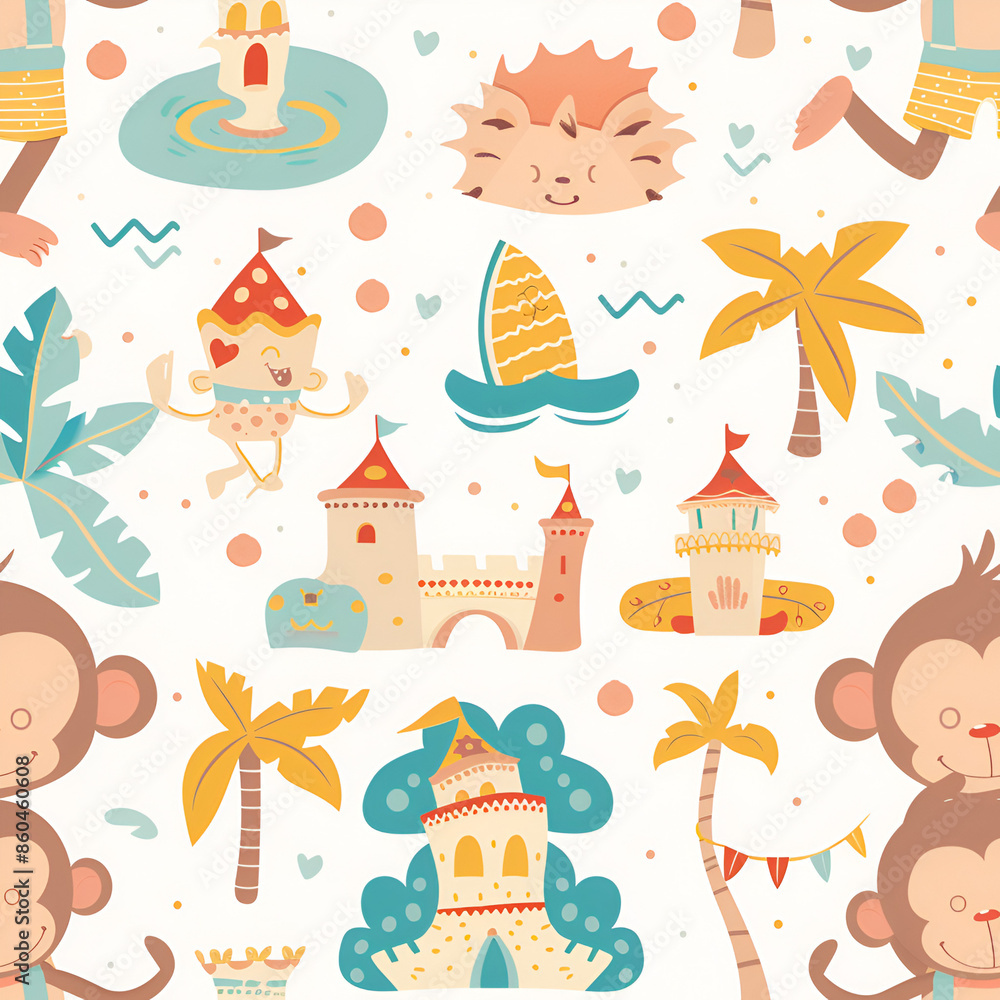 Cute Seamless Pattern with Monkey and Swim Trunks Cute Seamless Pattern with Monkey and Swim Trunks