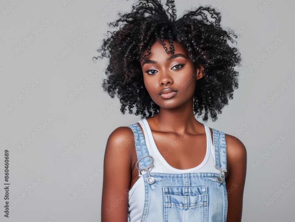 Confident African American WomanAfro Wearing Denim Overalls Looking Up Confident African American WomanAfro Wearing Denim Overalls Looking Up