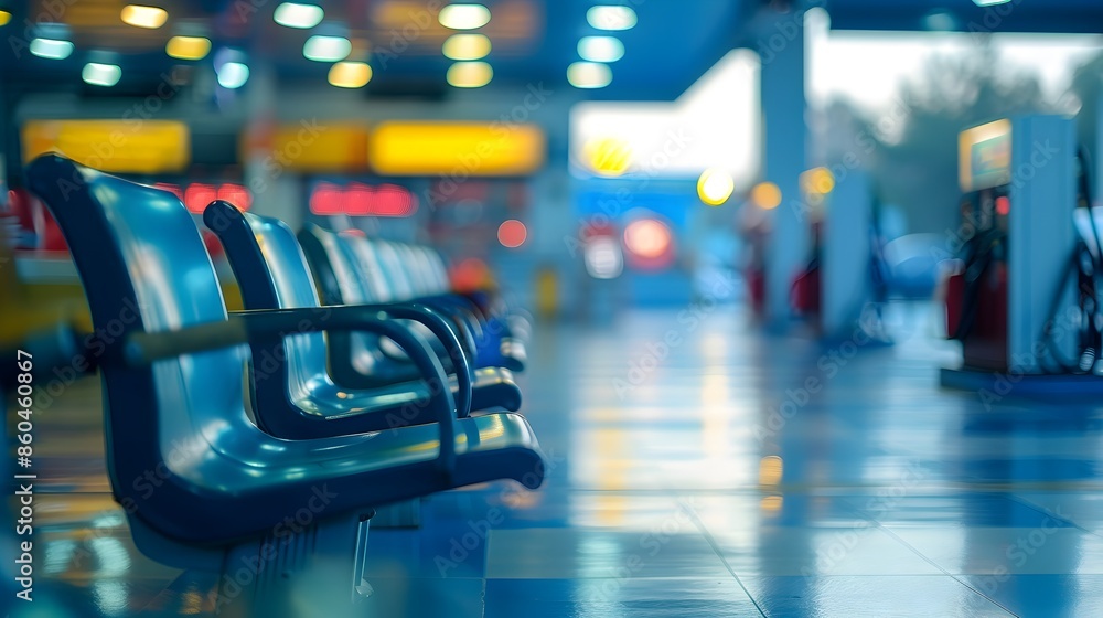Blurred View of a Dimly Lit Gas Station Seating Area at Night Blurred View of a Dimly Lit Gas Station Seating Area at Night