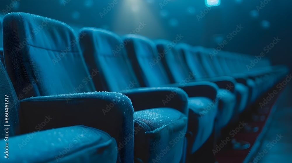 Fototapeta premium Blurry Auditorium Seats in Teal-Hued Theater Interior with Ample Copy Space