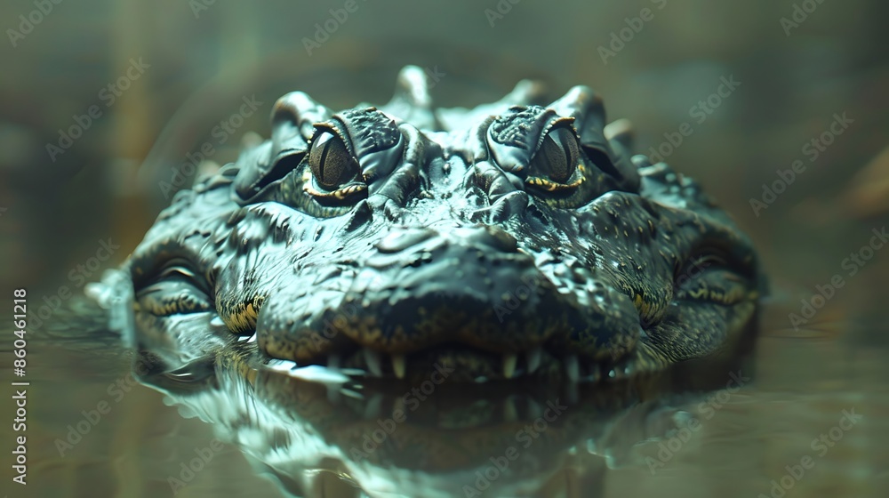 Fototapeta premium A close-up view of a crocodile, floating on calm water. The crocodile's back and head are visible, with its eyes and nostrils clearly discernible.