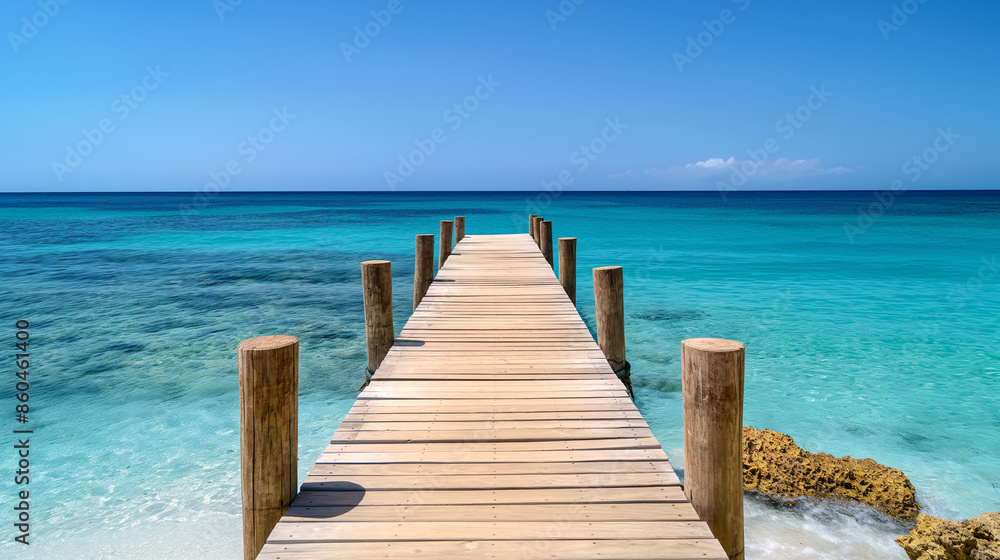 Obraz premium Serene wooden pier stretching into clear blue ocean under cloudless sky. Generative AI 