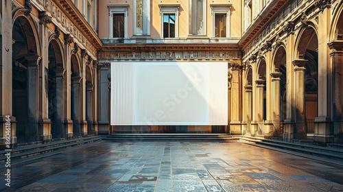 mock-up large advertisement signboard on wall of a renaissance building from 15th century, overlooking the center courtyard to form a magnificent stage presentation photo