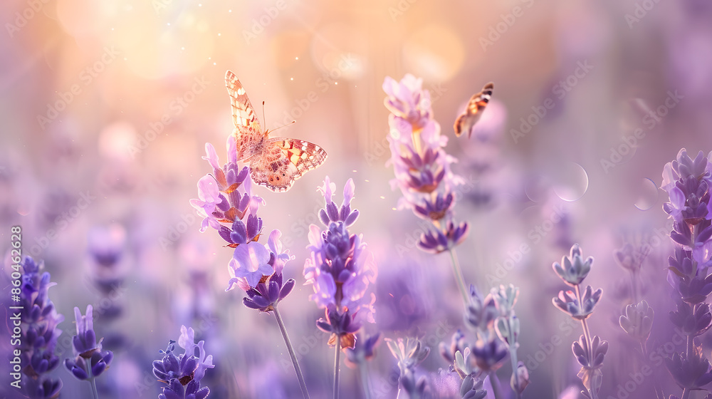 Blossoming Lavender flowers and flying butterfly in summer morning background Purple growing Lavender panoramic view : Generative AI Blossoming Lavender flowers and flying butterfly in summer morning background Purple growing Lavender panoramic view : Generative AI