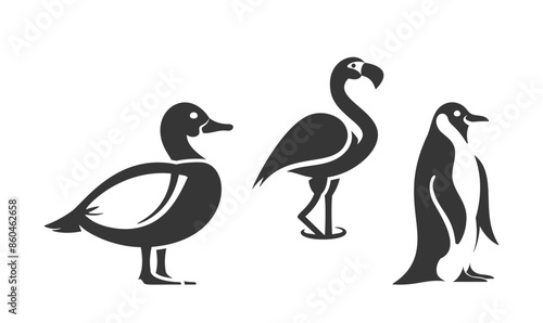 Set Of Three Minimalist Bird Icons Showcasing Duck, Flamingo, Penguin. Black And White Silhouettes With Negative Space