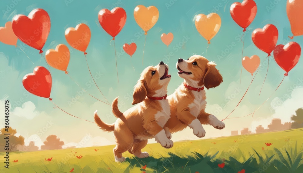 Obraz premium Puppy with heart shaped balloons on blue background, happy, cheerful, joyful