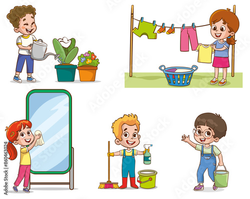 Cartoon children doing housework. Boys and girl helping parents with laundry, washing and vacuuming floor and taking out garbage. Characters doing cleanup or household chores vector