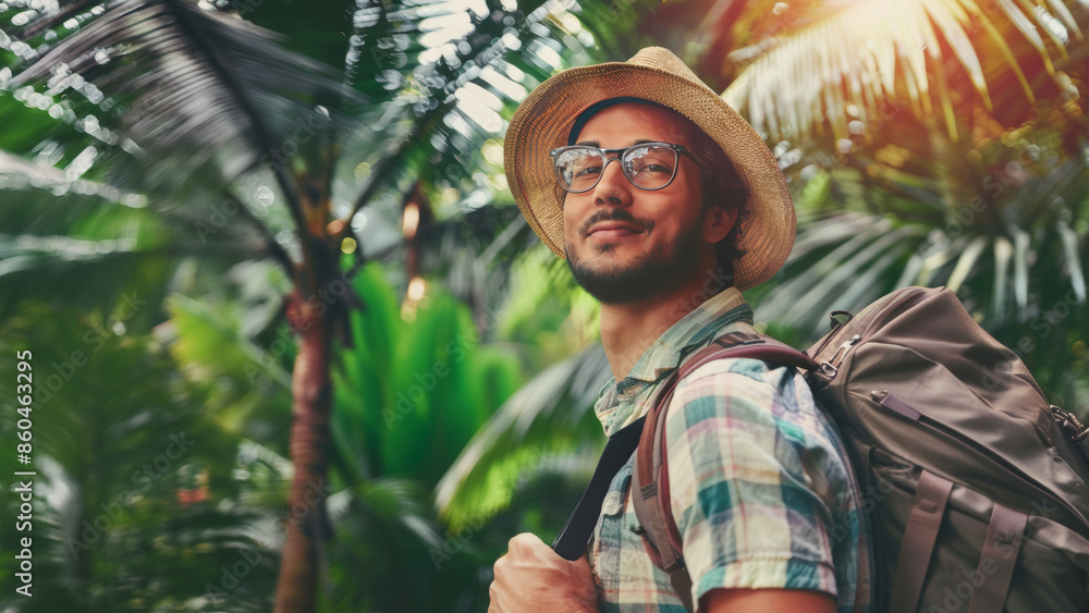 Portrait of a male tourist with a backpack against the backdrop of the tropical jungle. Portrait of a male tourist with a backpack against the backdrop of the tropical jungle.