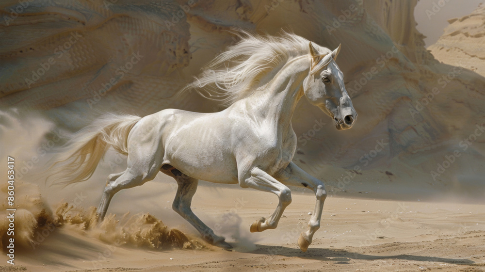 Beautiful white horse gallops through the sand dunes. Beautiful white horse gallops through the sand dunes.