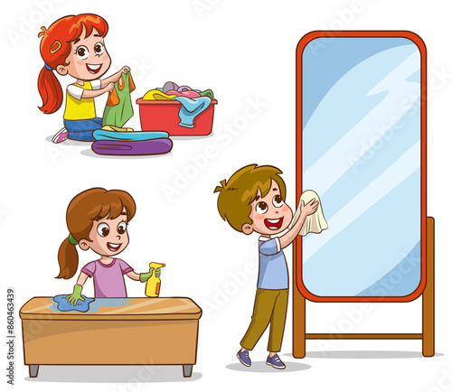 Cartoon children doing housework. Boys and girl helping parents with laundry, washing and vacuuming floor and taking out garbage. Characters doing cleanup or household chores vector