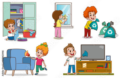 Cartoon children doing housework. Boys and girl helping parents with laundry, washing and vacuuming floor and taking out garbage. Characters doing cleanup or household chores vector