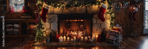 A warm and inviting fireplace decorated with a festive garland, stockings, and candles for the Christmas season © Ilia Nesolenyi