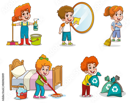 Cartoon children doing housework. Boys and girl helping parents with laundry, washing and vacuuming floor and taking out garbage. Characters doing cleanup or household chores vector