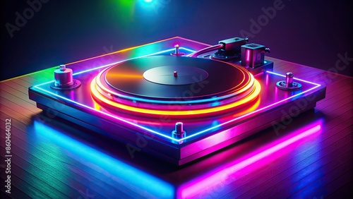 Neon turntable with vibrant colored lights, neon, turntable, DJ, music, vinyl, record player, retro, nightlife, club, dance photo