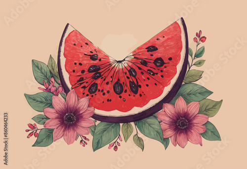 Watermelon Flower Illustration with Pink Flowers and Green Leaves