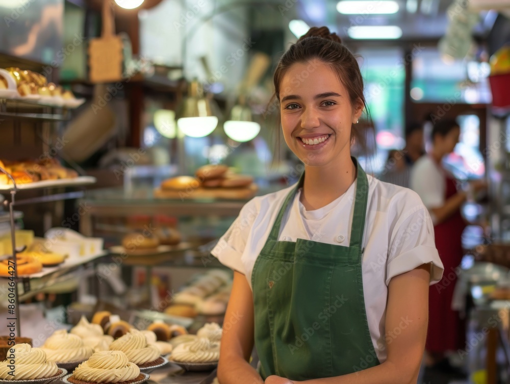 Female Chef Smiling in Green Apron at Restaurant Kitchen - Stock Photo Female Chef Smiling in Green Apron at Restaurant Kitchen - Stock Photo