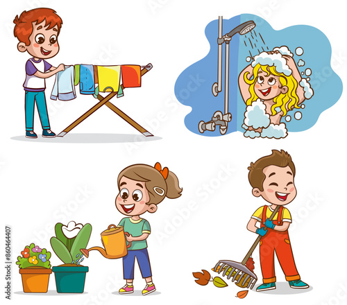 Cartoon children doing housework. Boys and girl helping parents with laundry, washing and vacuuming floor and taking out garbage. Characters doing cleanup or household chores vector